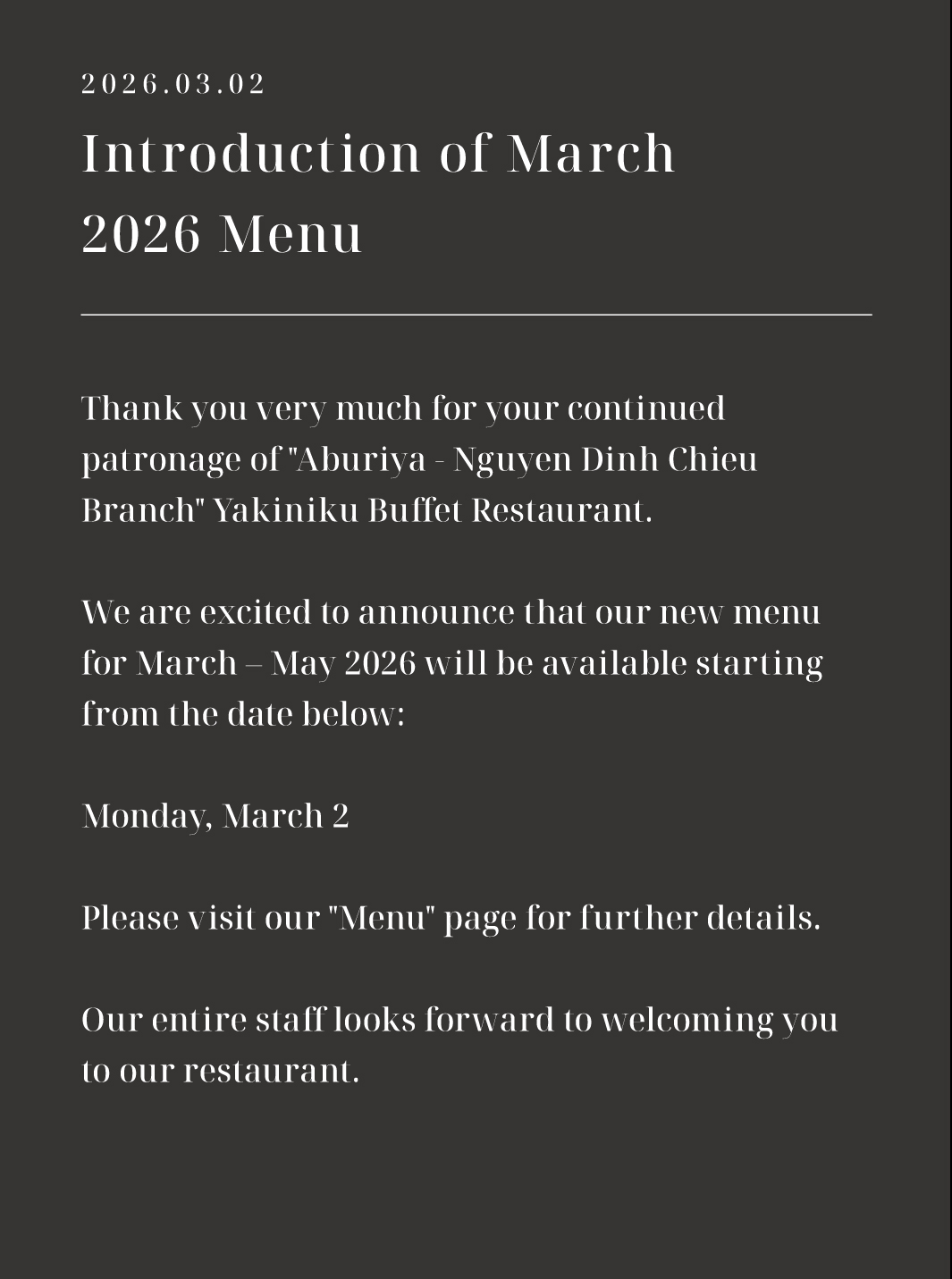 Introduction of March 2026 Menu
