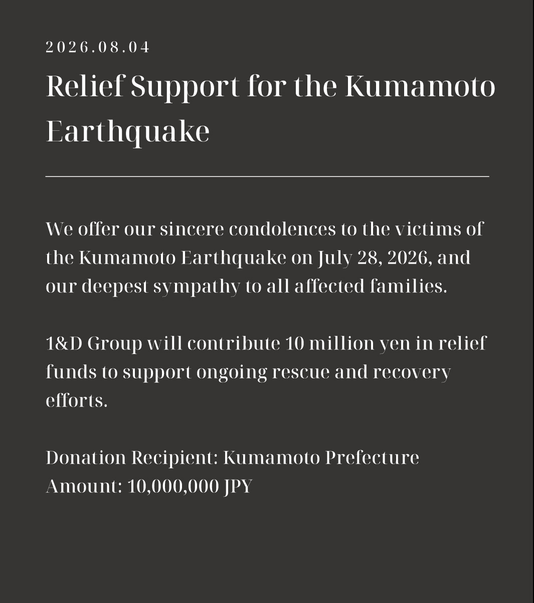 Support for the Areas and Victims Affected by the Kumamoto Earthquake