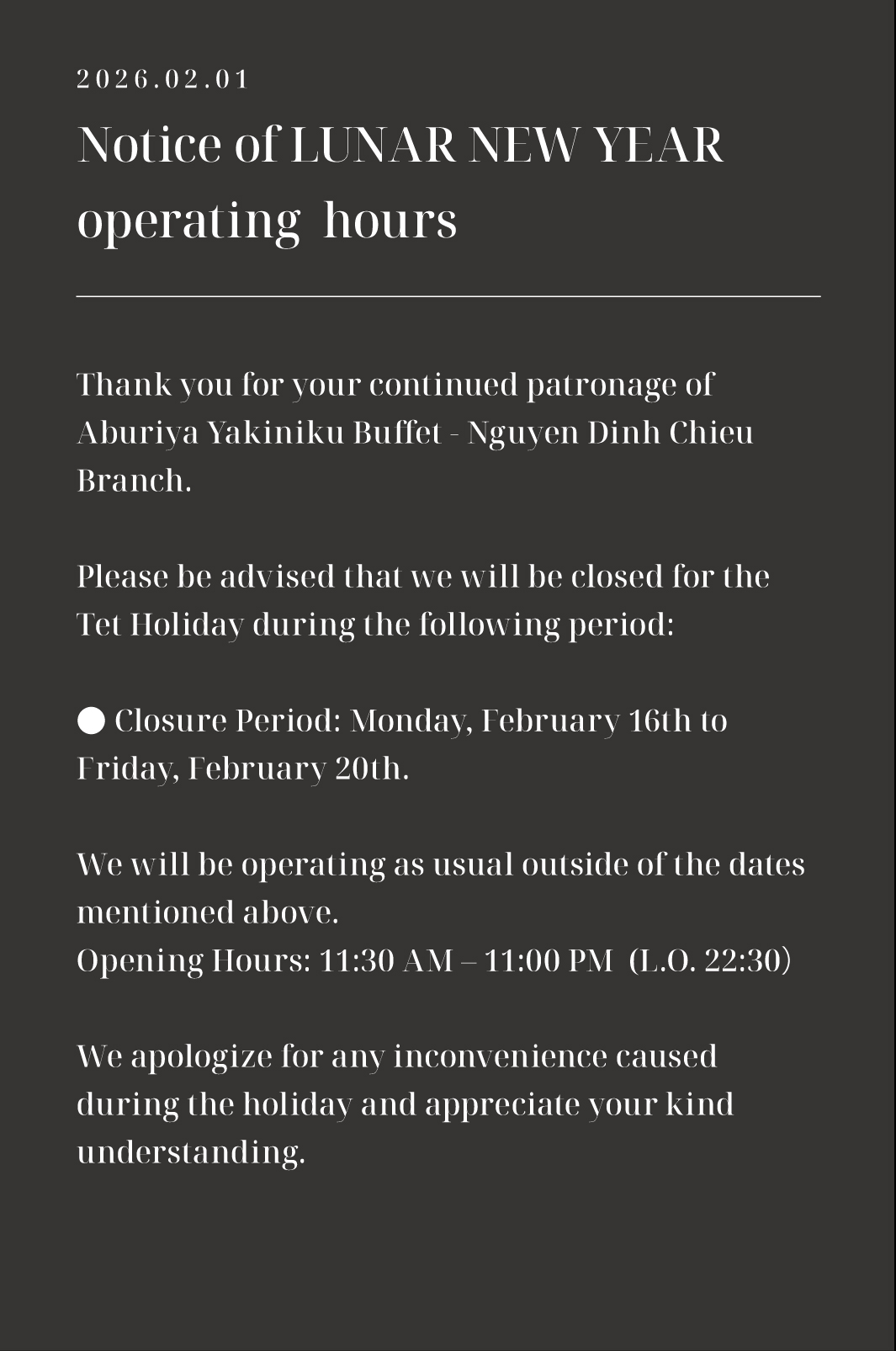 Notice of LUNAR NEW YEAR operating hours