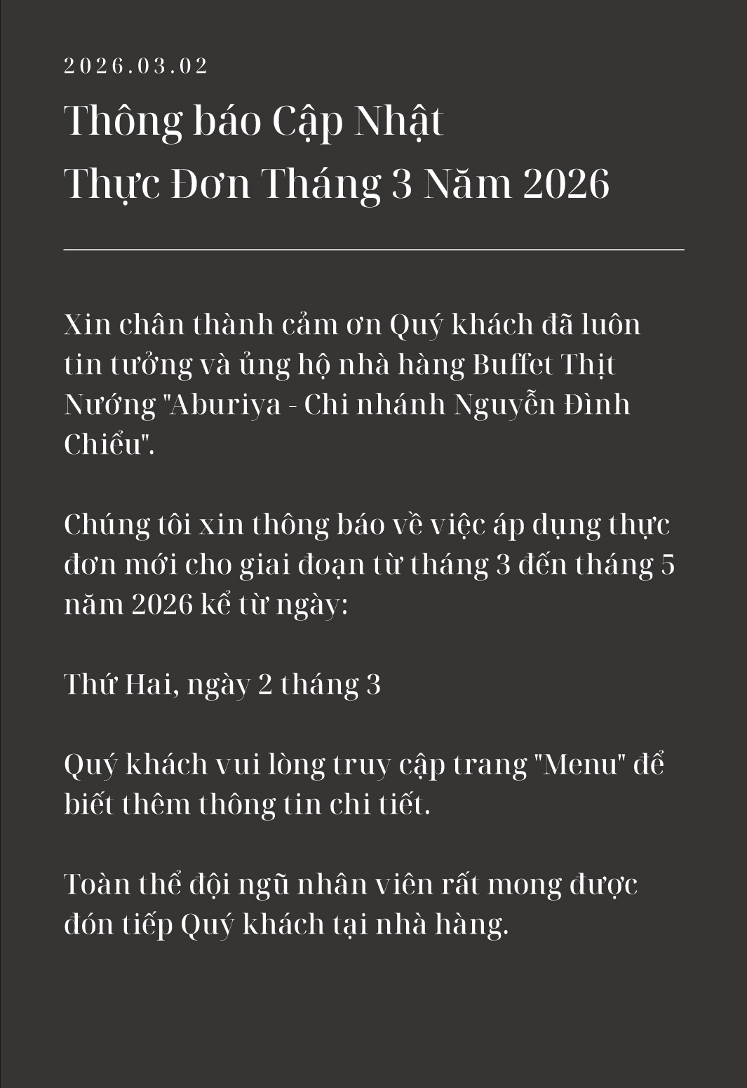 Thông báo Cập Nhật Thực Đơn Tháng 3 Năm 2026