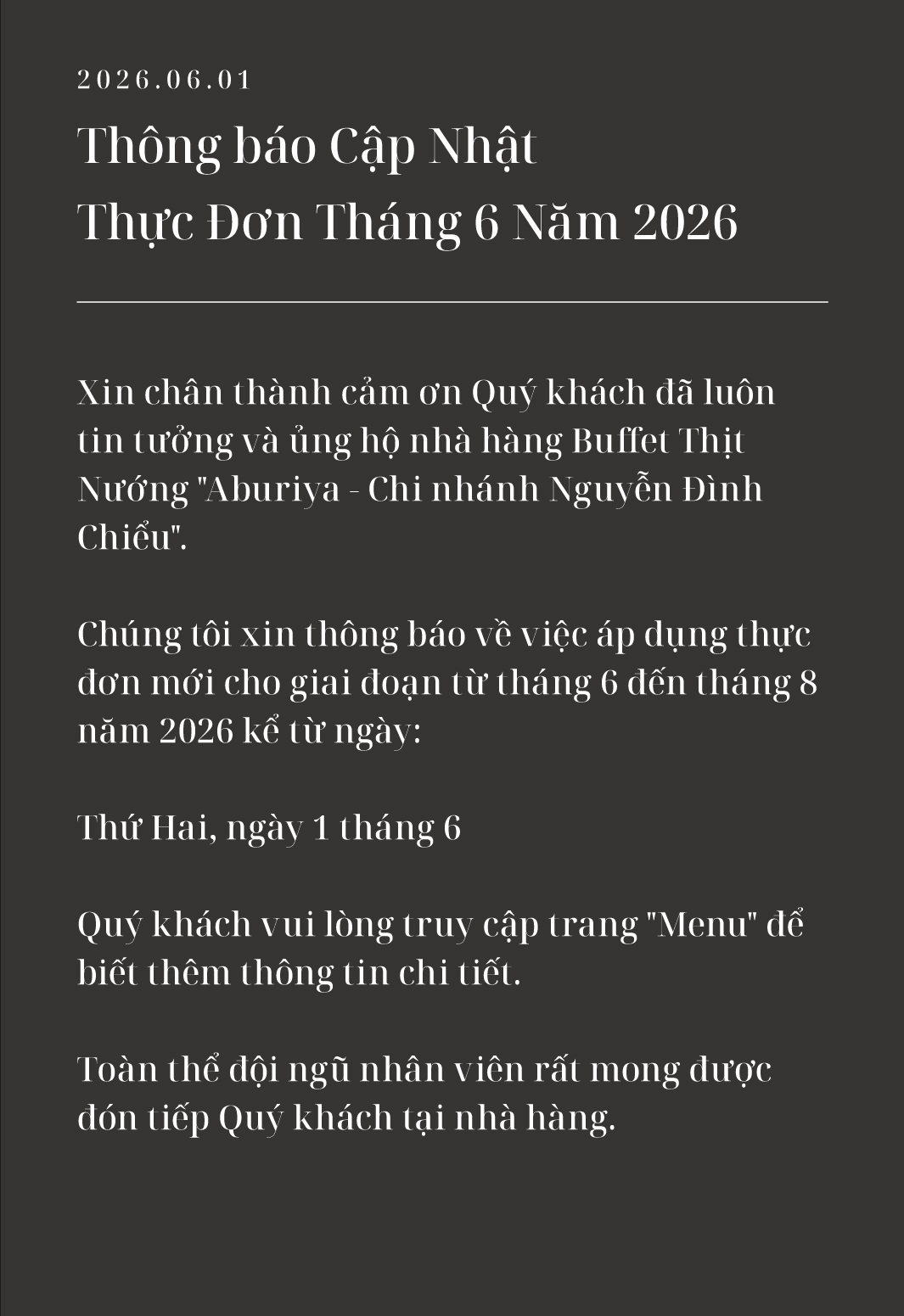 Thông báo Cập Nhật Thực Đơn Tháng 6 Năm 2026