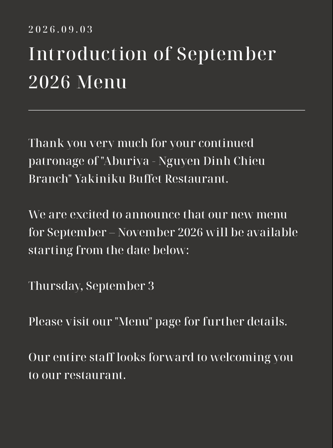 Introduction of September 2026 Menu