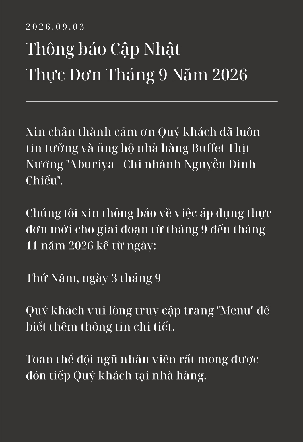 Thông báo Cập Nhật Thực Đơn Tháng 9 Năm 2026