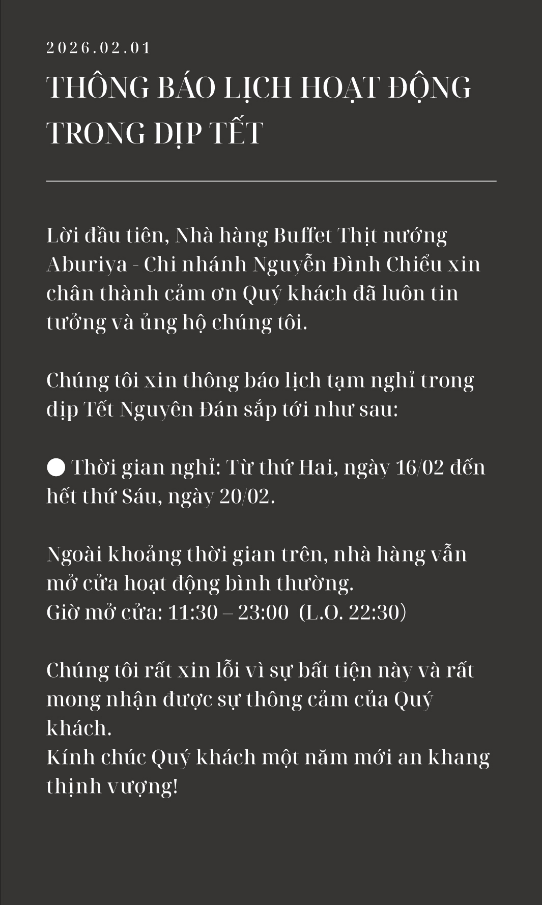 Thông báo lịch hoạt động trong dịp Tết