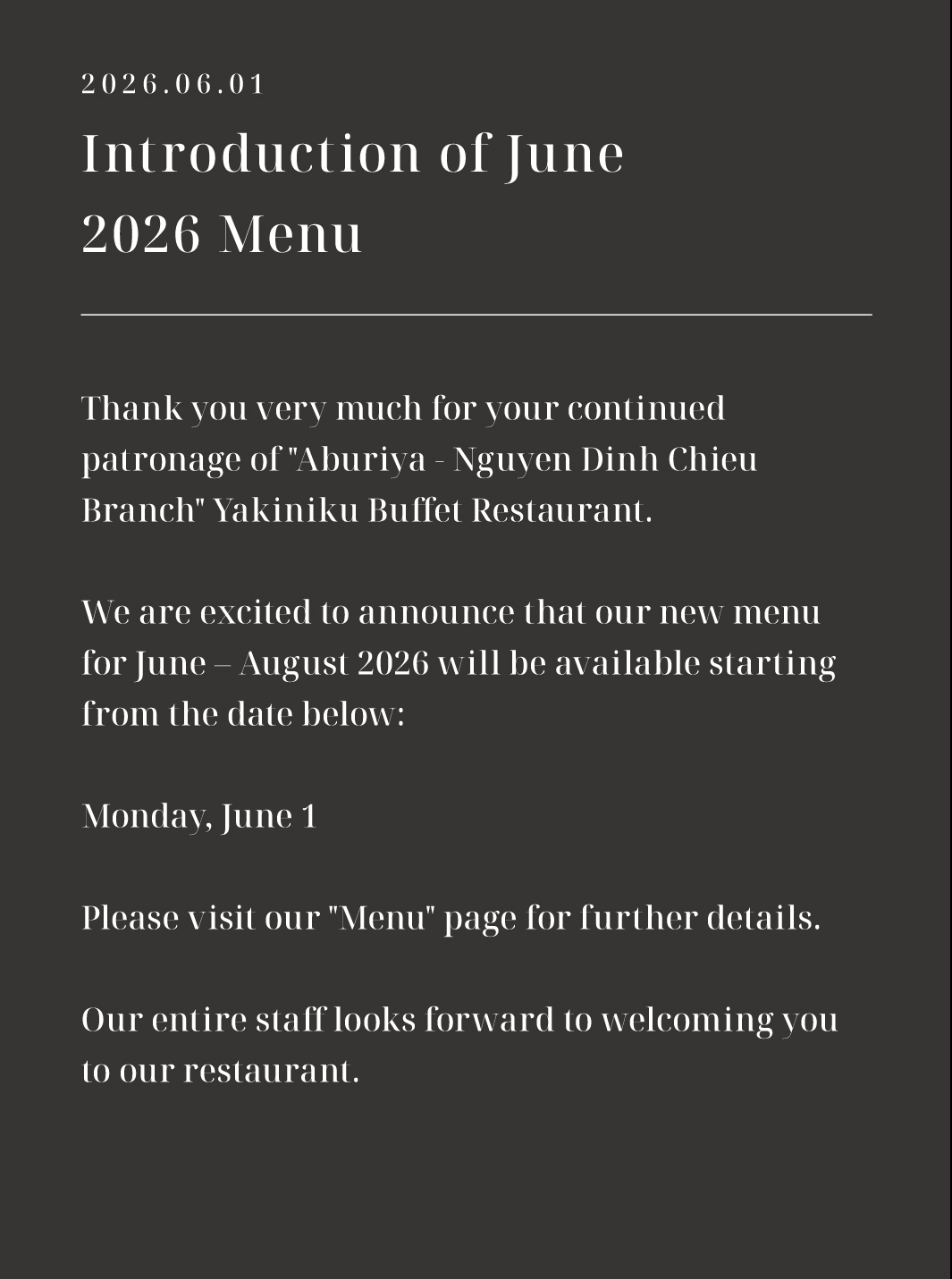 Introduction of June 2026 Menu